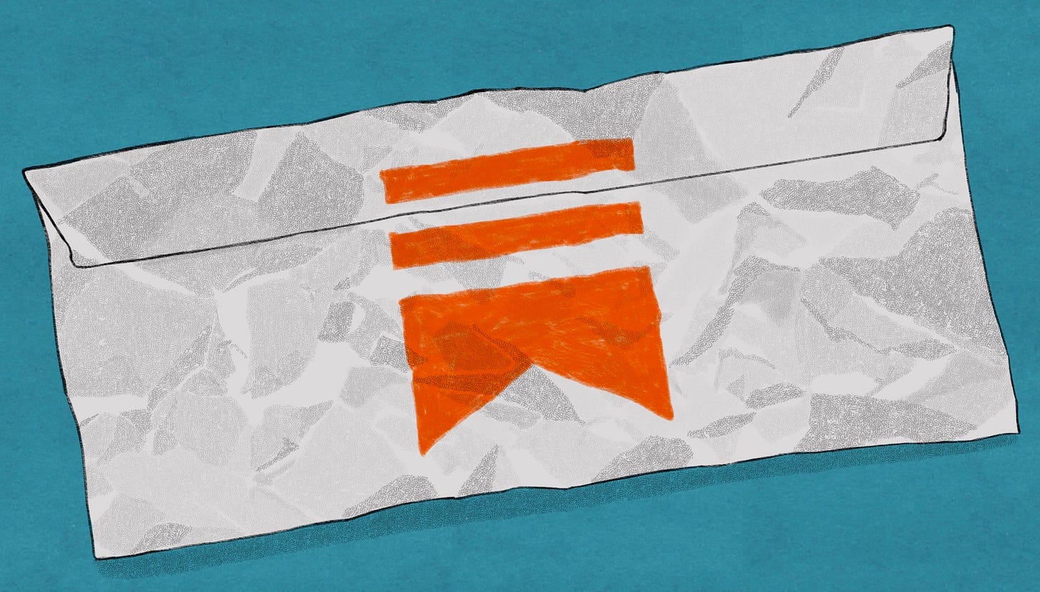 Illustration of envelope and substack logo by Lauren Denitzio