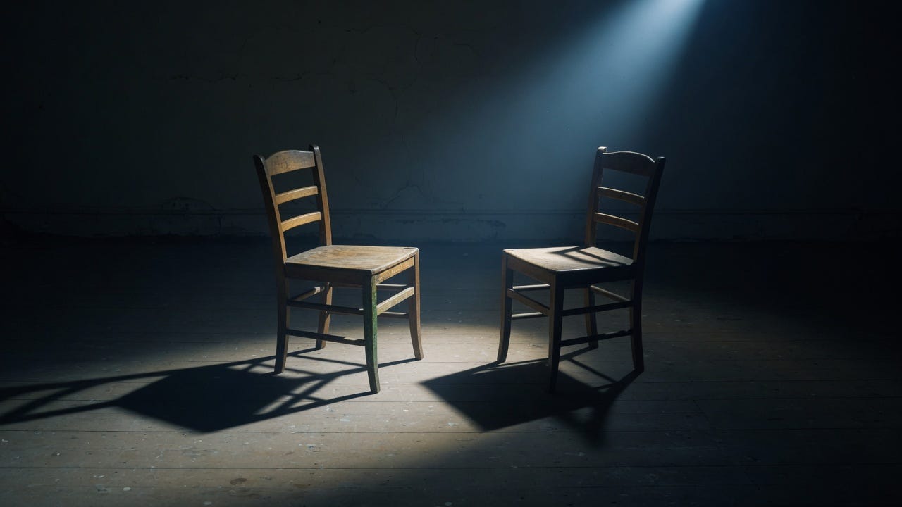 Two empty wooden chairs under harsh light in a stark, cinematic setting Two empty wooden chairs under harsh light in a stark, cinematic setting