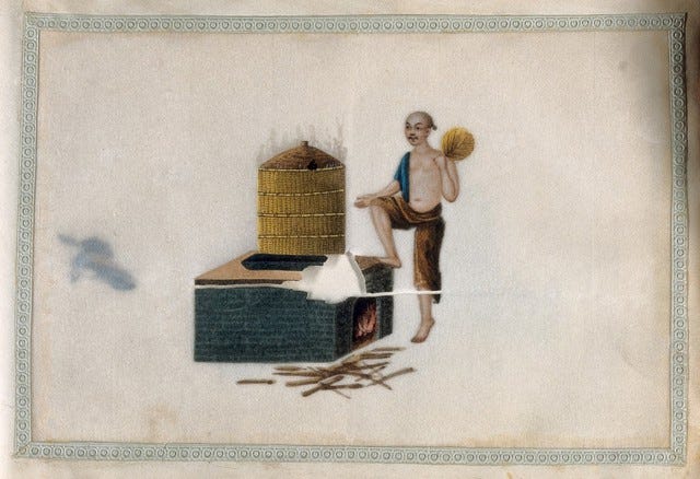 Tea leaves steaming in a large lidded basket over a brick oven; a man stands with one foot resting on the oven and cools himself with a fan. Painting by a Chinese artist, ca. 1850.