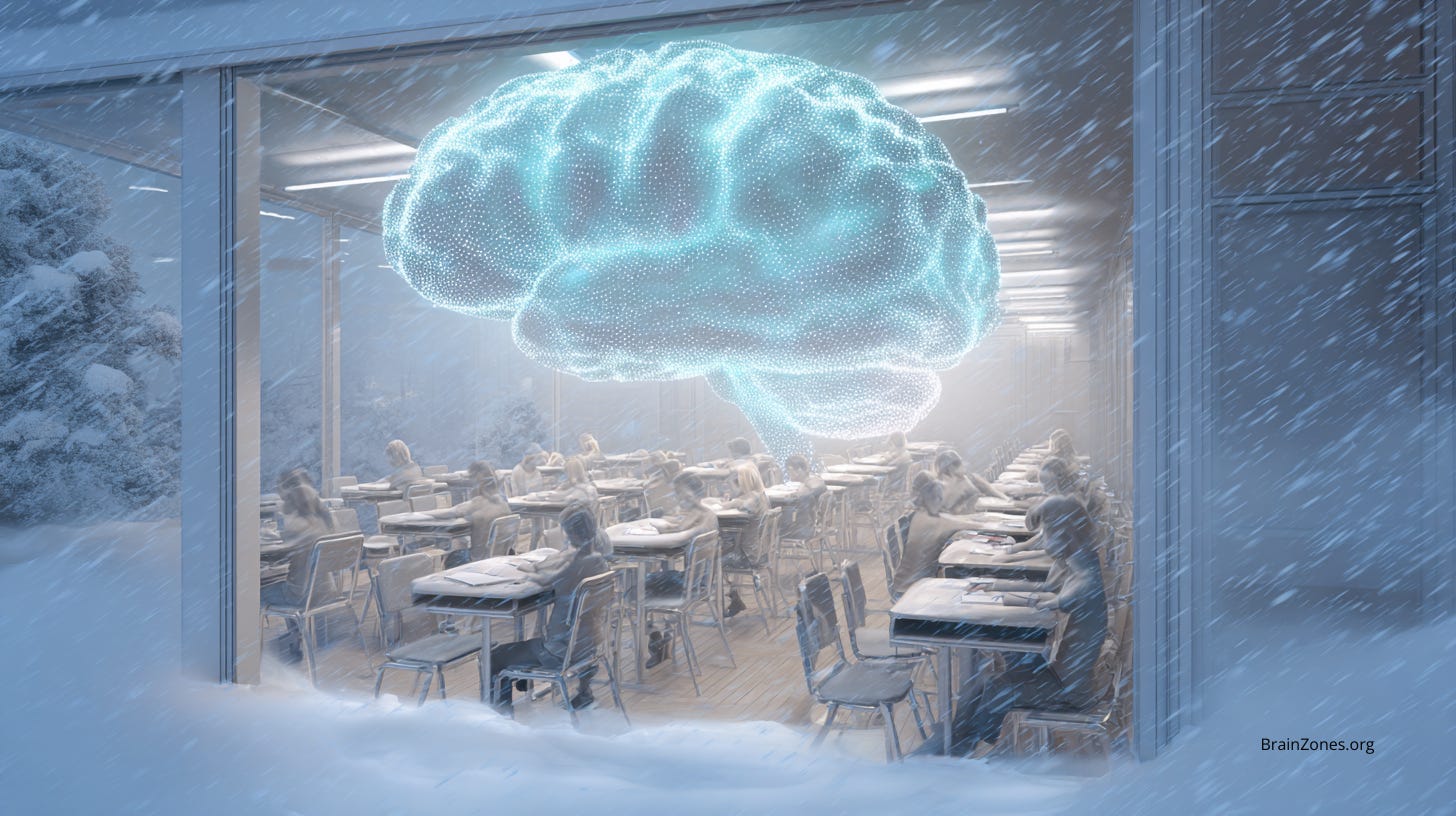 A snowy exterior view of a classroom full of students. A large glowing digital brain floats above the desks, symbolizing the mental overload students experience in December. Snow falls heavily outside the windows.