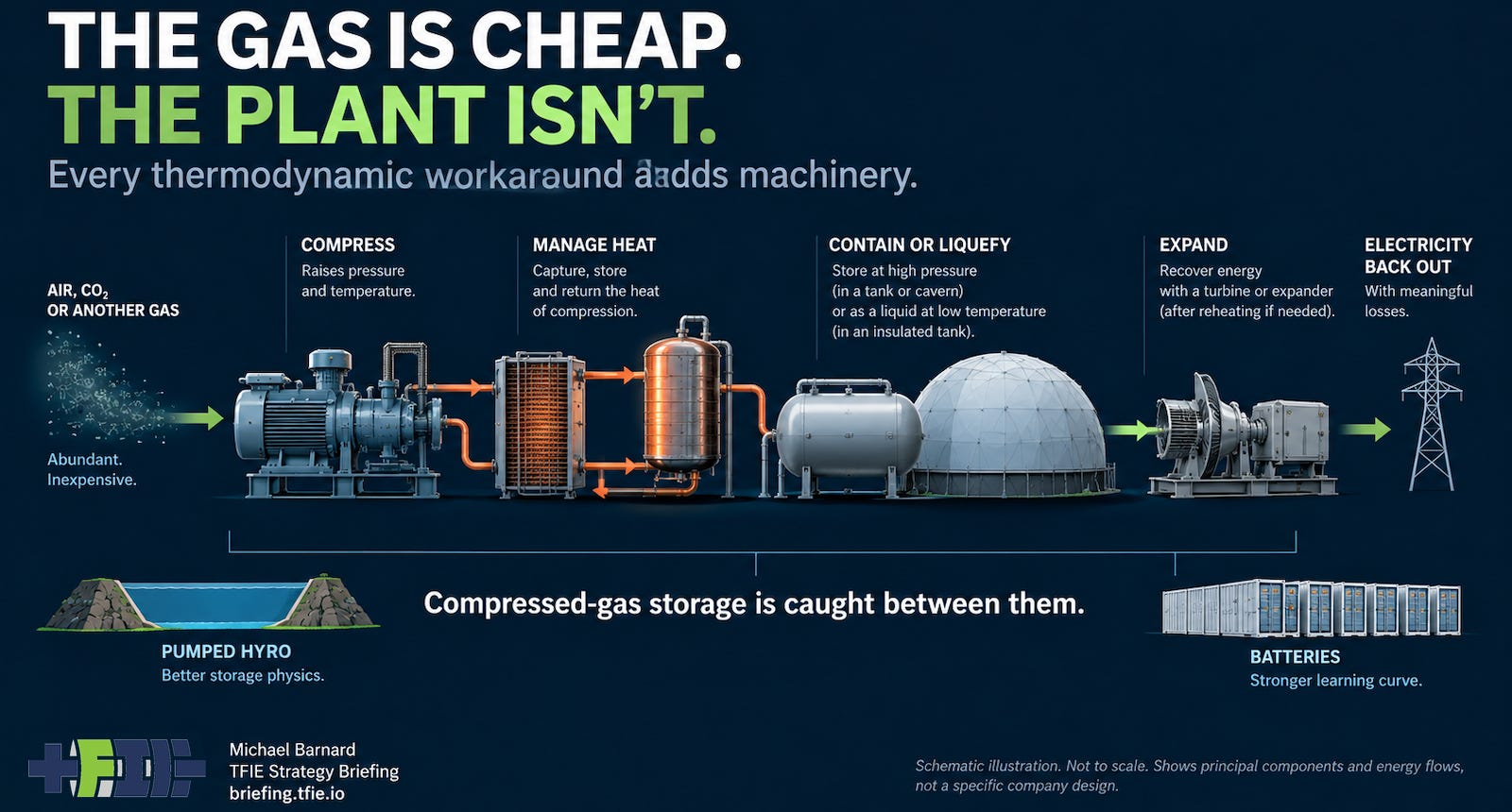 Dark technical illustration of compressed-gas electricity storage showing inexpensive gas entering a process train of compressors, heat-management equipment, storage vessels and expanders before electricity returns to the grid. Pumped hydro and battery storage appear as reference classes with better storage physics and stronger manufacturing learning respectively. Dark technical illustration of compressed-gas electricity storage showing inexpensive gas entering a process train of compressors, heat-management equipment, storage vessels and expanders before electricity returns to the grid. Pumped hydro and battery storage appear as reference classes with better storage physics and stronger manufacturing learning respectively.