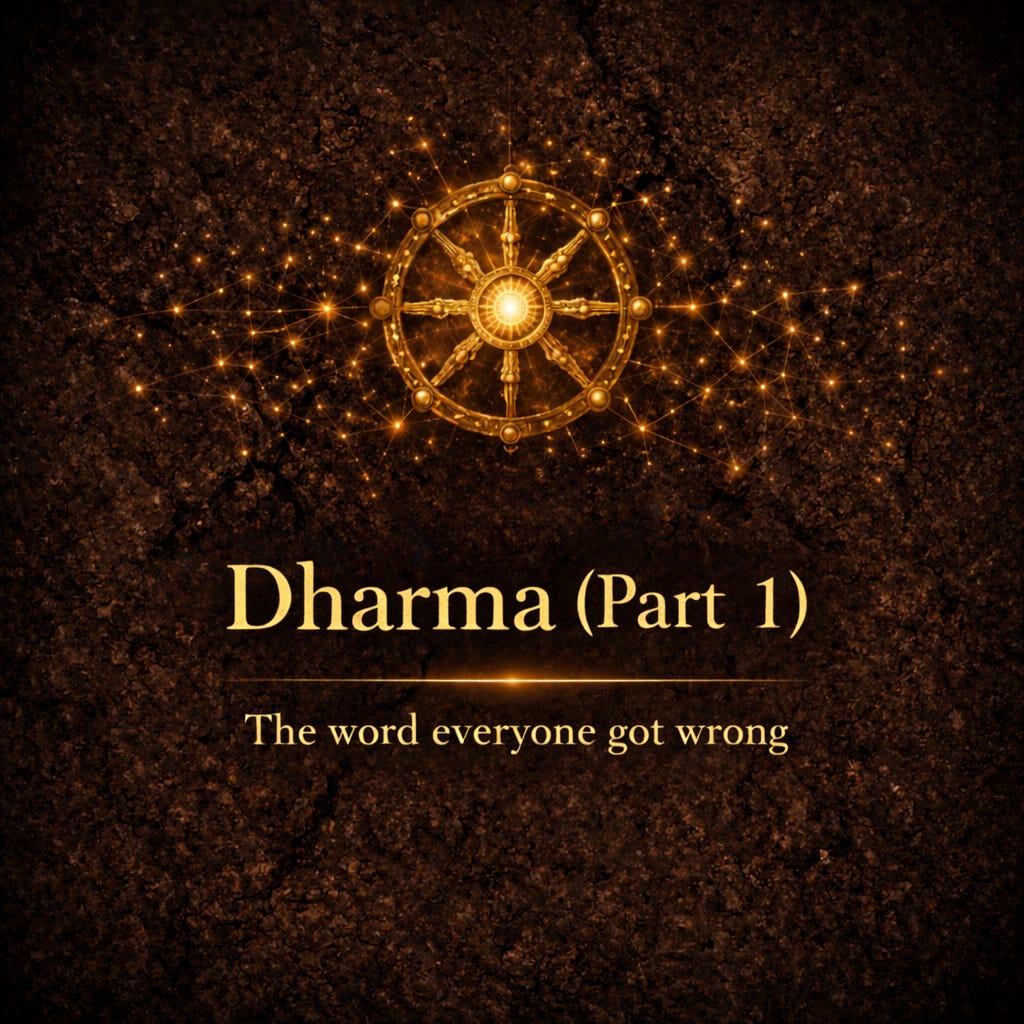 A dramatic title graphic with a dark textured background and glowing golden elements. At the top is an ornate wheel-like symbol surrounded by sparkling interconnected lights. Large gold serif text in the center reads “Dharma (Part 1).” Beneath it, smaller text says: “The word everyone got wrong.” The overall design has a mystical, epic, and cinematic feel.
