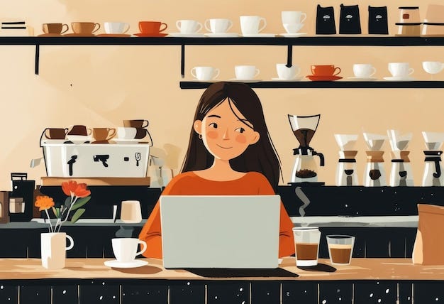 A woman working on a laptop in a coffee shop | Premium AI-generated image