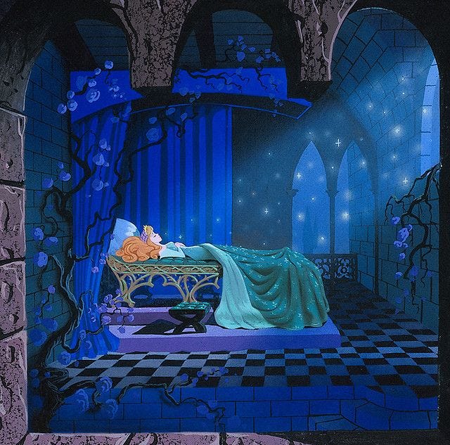 This may contain: an animated scene with a sleeping cat on a bed in the middle of a room