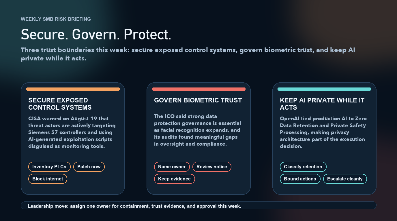 Infographic-style editorial header for SMB leaders with a deep navy background and three labeled panels: Secure exposed control systems, Govern biometric trust, and Keep AI private while it acts. Amber, coral, and cyan accents group the PLC threat, facial recognition governance, and private AI execution signals with short action chips under each panel. Infographic-style editorial header for SMB leaders with a deep navy background and three labeled panels: Secure exposed control systems, Govern biometric trust, and Keep AI private while it acts. Amber, coral, and cyan accents group the PLC threat, facial recognition governance, and private AI execution signals with short action chips under each panel.
