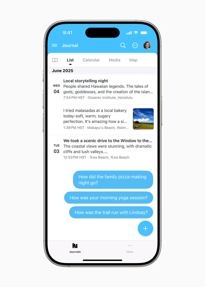 iPhone 16 Pro shows a screen from the Day One journaling app, featuring a list of writing prompts.