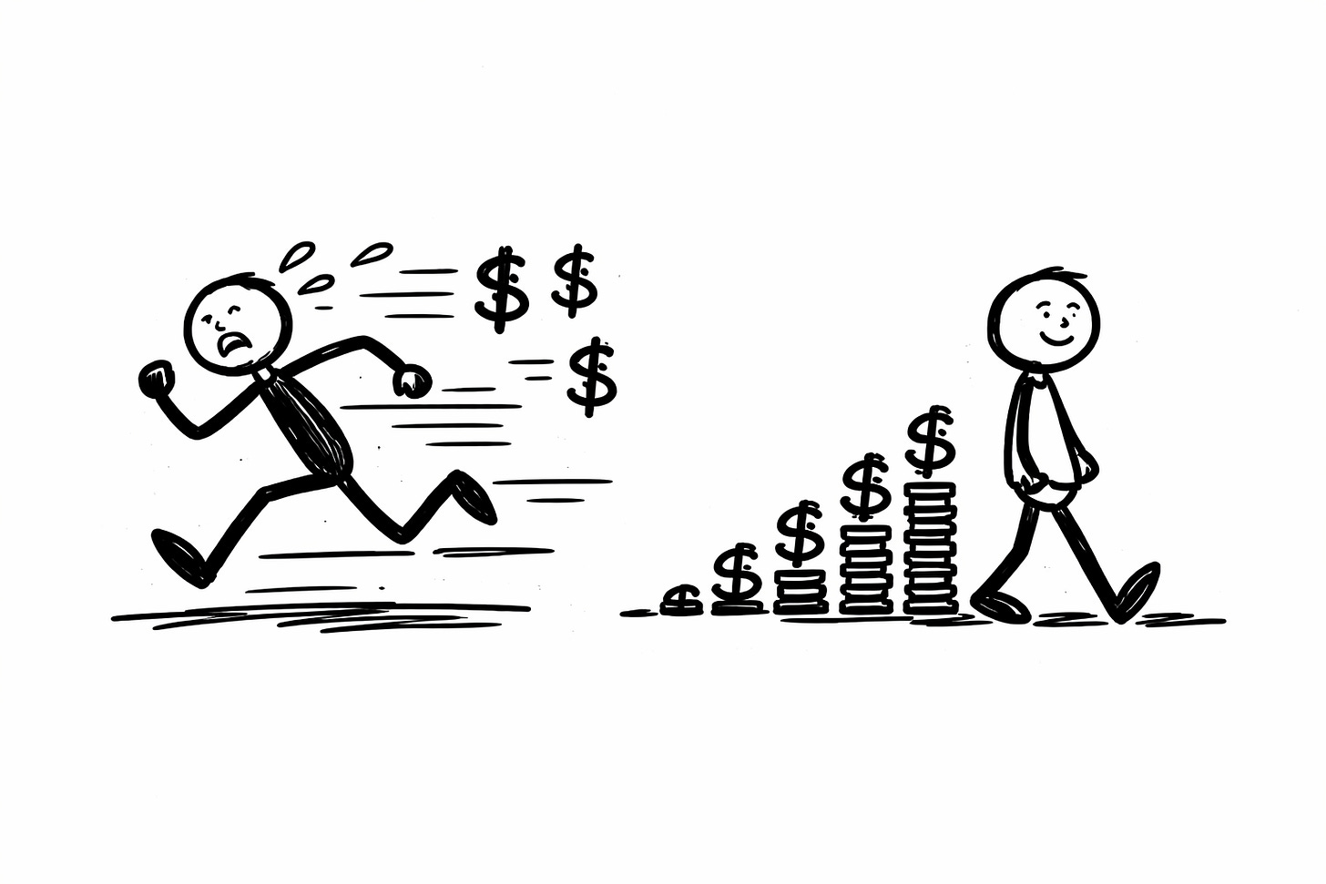 Hand-drawn illustration comparing two approaches to building income - a stressed stick figure sprinting with dollar signs flying behind them versus a calm stick figure walking alongside steadily growing stacks of coins - depicting the churn model versus the slow burn compound model