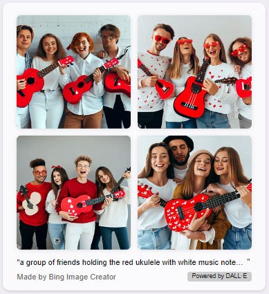 Groups of people playing the red ukulele