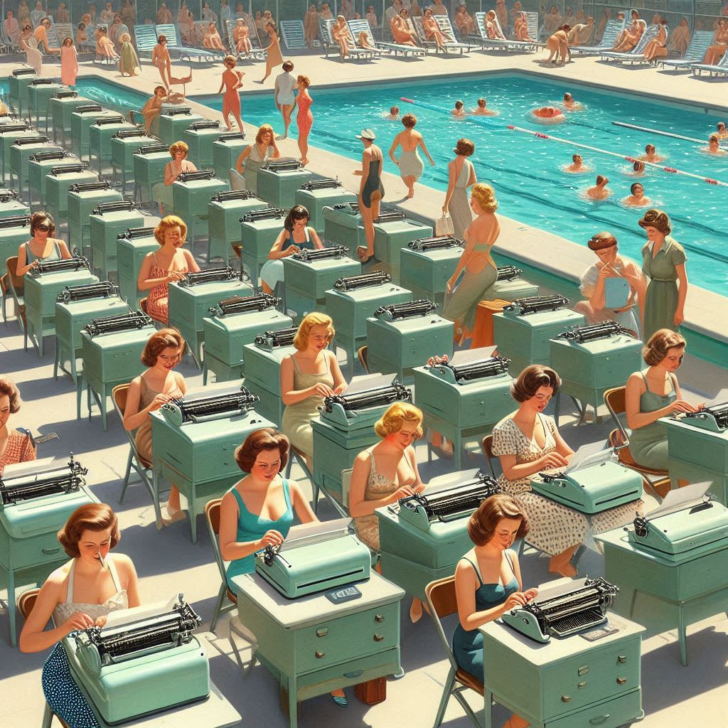 women at rows of typewriters next to a swimming pool - genAI image by flight442 on DeviantArt