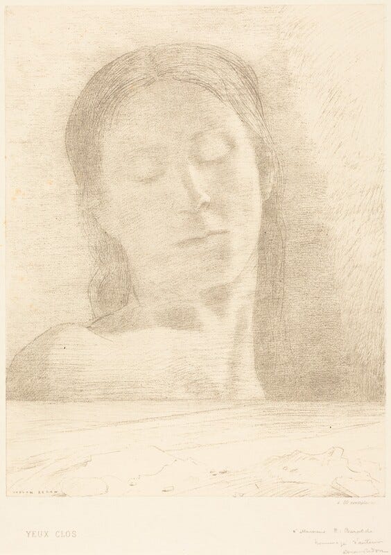 The image shows a person's head and shoulders with eyes closed and head slightly tilted forward. The face has delicate lines and subtle shading. The hair is long and smooth, falling past the shoulders. The person's clothing is not clearly visible, but there are bare shoulders or minimal clothing above the chest. The background is textured with light pencil strokes. There are no visible jewelry pieces or objects. The overall image has a soft, monochromatic appearance, emphasizing the serene facial expression. The image shows a person's head and shoulders with eyes closed and head slightly tilted forward. The face has delicate lines and subtle shading. The hair is long and smooth, falling past the shoulders. The person's clothing is not clearly visible, but there are bare shoulders or minimal clothing above the chest. The background is textured with light pencil strokes. There are no visible jewelry pieces or objects. The overall image has a soft, monochromatic appearance, emphasizing the serene facial expression.