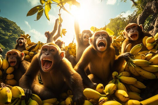 A group of monkeys sitting on bananas

AI-generated content may be incorrect.