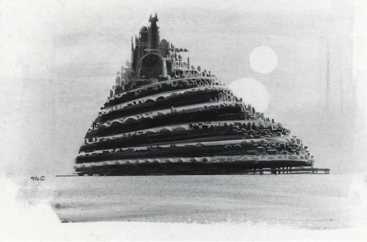 Black and white study of the city Carbuncle with a sun partially obscured behind it and another smaller orb fully emerged. The tiered shape is reminiscent of an imperial Star Destroyer from Star Wars. Buildings are roughly blocked out on each tier with the towers of a palace rising at the top.