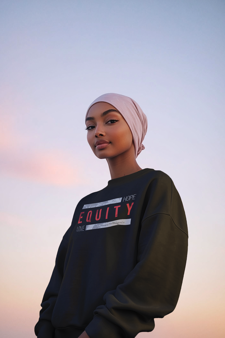 A Black woman is wearing an Equity Sweatshirt A Black woman is wearing an Equity Sweatshirt
