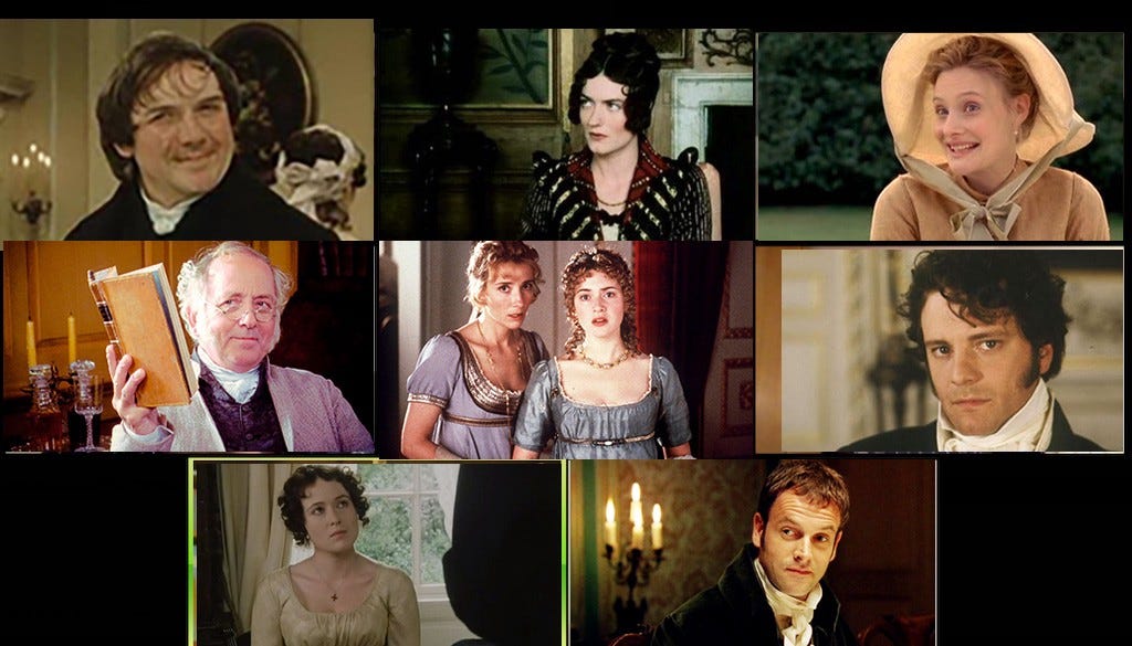 Characters from film adaptations of Jane Austen novels are arranged in the boxes of a Zoom meeting screen. 