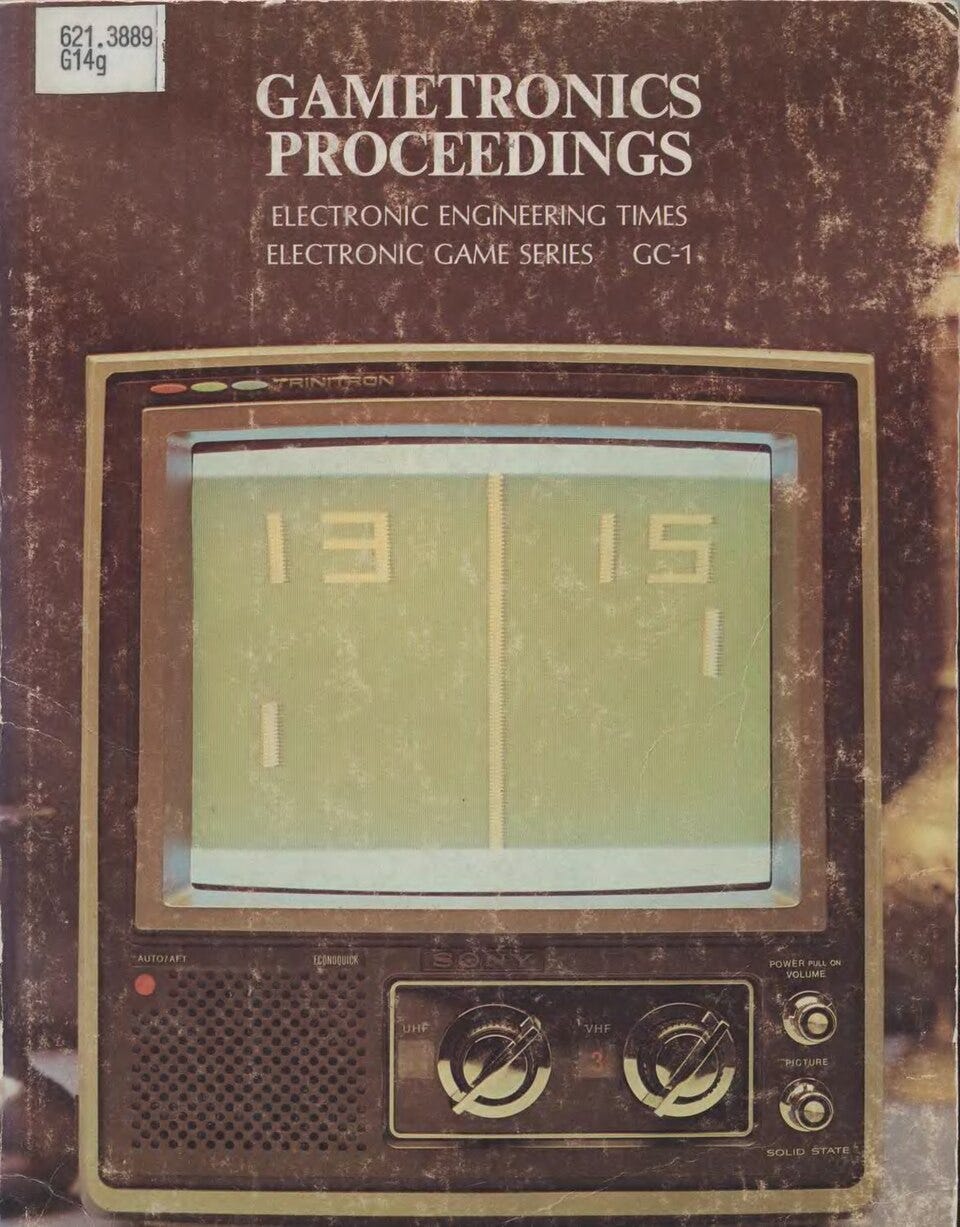 Photo: Wikimedia Commons / Wikimedia Commons (Public domain) Proceedings of the First Annual Gametronics ConferenceElectronic Engineering TimesElectronic Game Series GC-1 The Gametronics conference was held from January 18th to the 20th 1977 at the Hyatt House hotel in Burlingame, California. This book feature