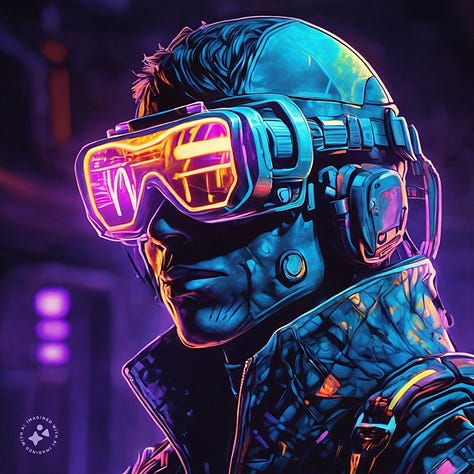 Cyberpunk blacklight warrior in a helmet, motorcycle cinematic still, pencil sketch of a woman's face, watercolor painting of a cute robot, goblet adorned with crystals, sunset over a valley oil painting