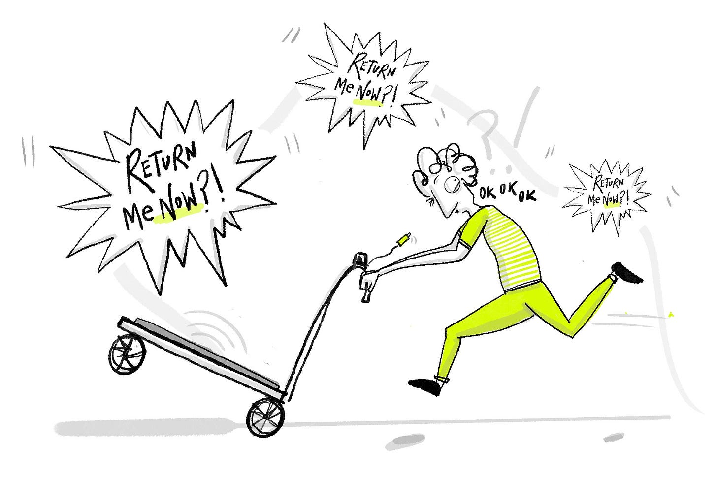 A drawing of someone running to return an empty trolley which is screaming 'return me'