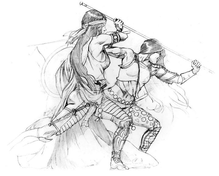 LEFT: Detail from AMAZONS 2 featuring two dark haired Amazon warriors poised to attack on the bow of a boat. One grips a spear overhead to stab downward. The other wields sword and shield captured in the moment of backswing. As they ram the other ship the armored men aboard are jarred back by the impact. RIGHT: Pencil study for AMAZONS 2 featuring two Amazon warriors in the pose of the final painting.