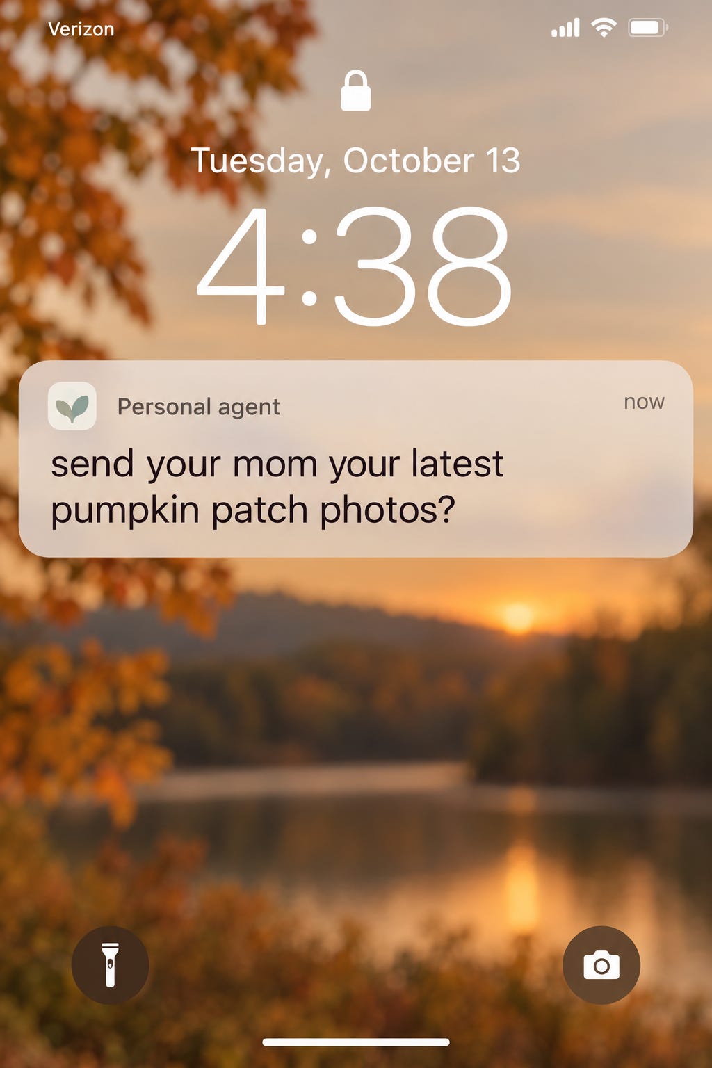 Illustrative phone lock screen with a notification that reads: send your mom your latest pumpkin patch photos?