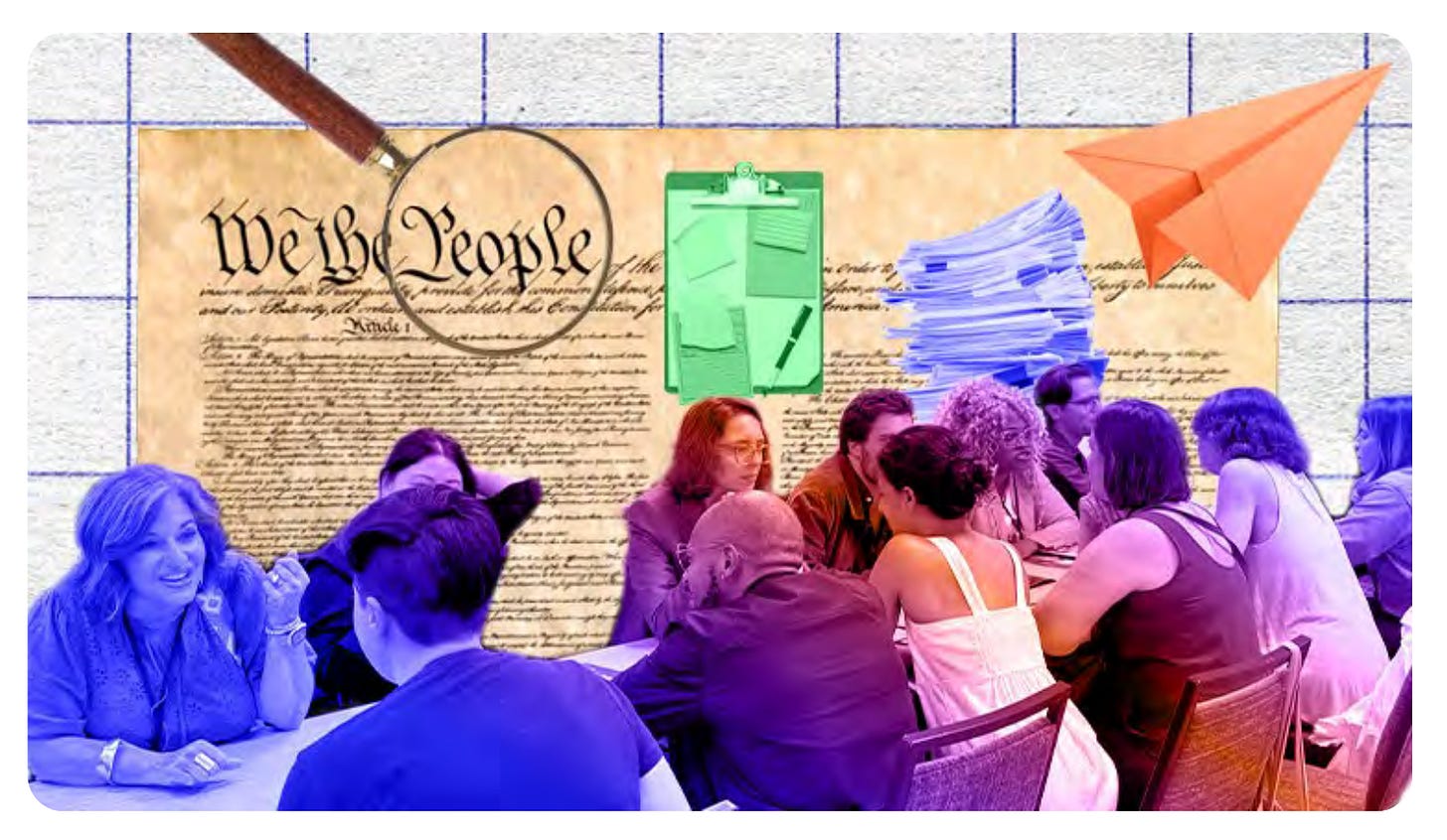 a stylized image of a group of people working and discussing together with the Constitution preamble document as background a stylized image of a group of people working and discussing together with the Constitution preamble document as background