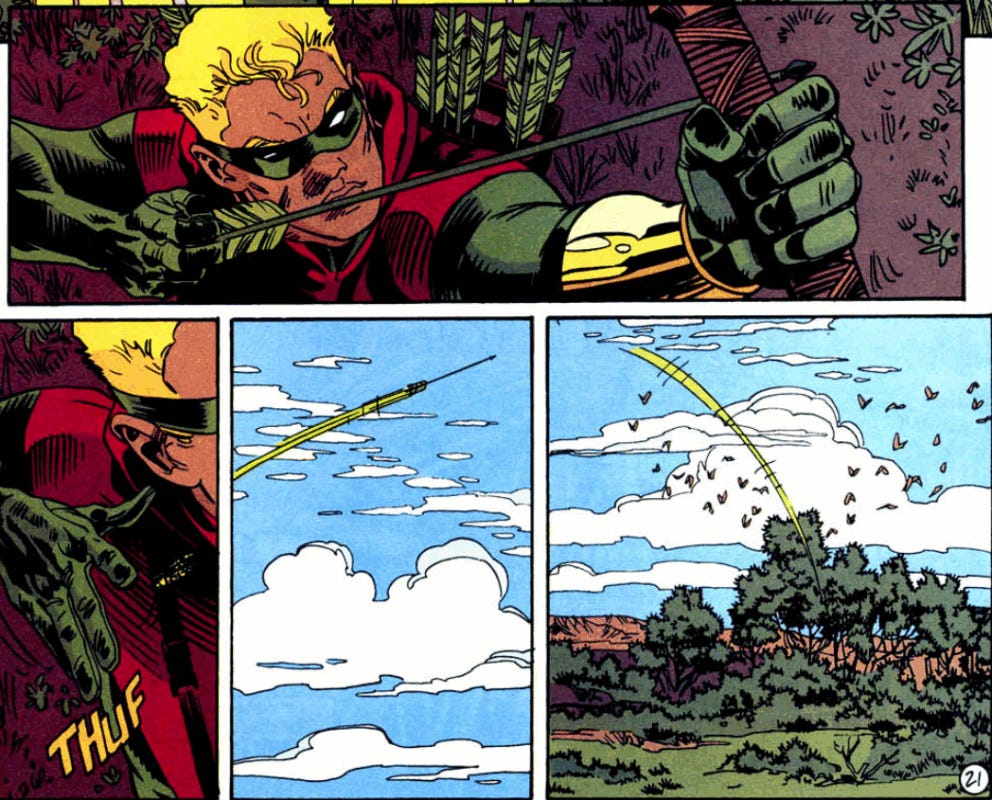 Connor Hawke pays tribute to the late Oliver Queen. From Green Arrow vol. 2 #101. 