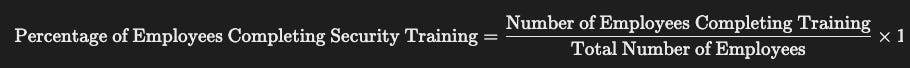 Percentage of Employees Completing Security Training= (Total Number of Employees / Number of Employees Completing& Training) ×100
