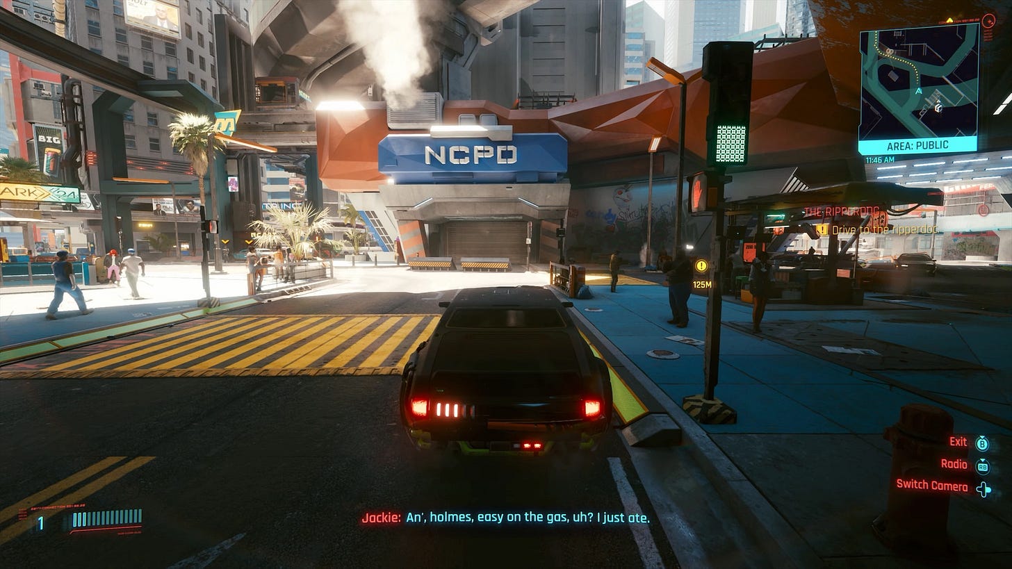 A car driving through city streets