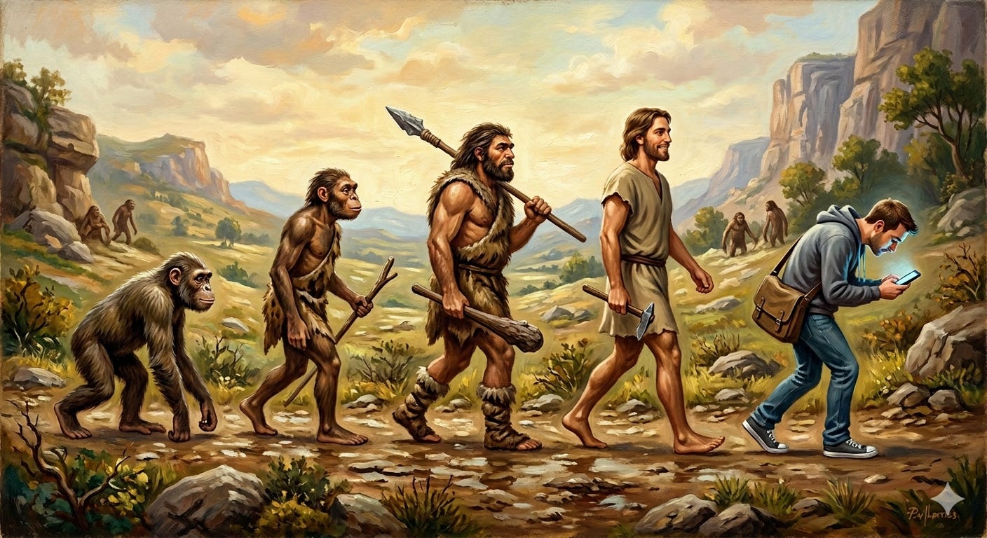 5 stages of human evolution: ape, more upright ape, caveman, human, then back to hunched-over posture looking down at a mobile phone