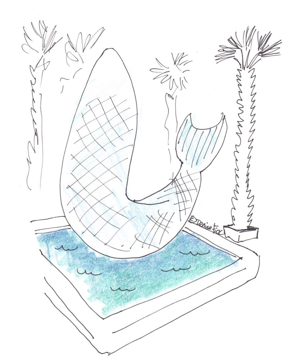 Sketch of Frank Gehry's "Standing Glass Fish" when it stood in a glass house in the Walker Sculpture Garden.