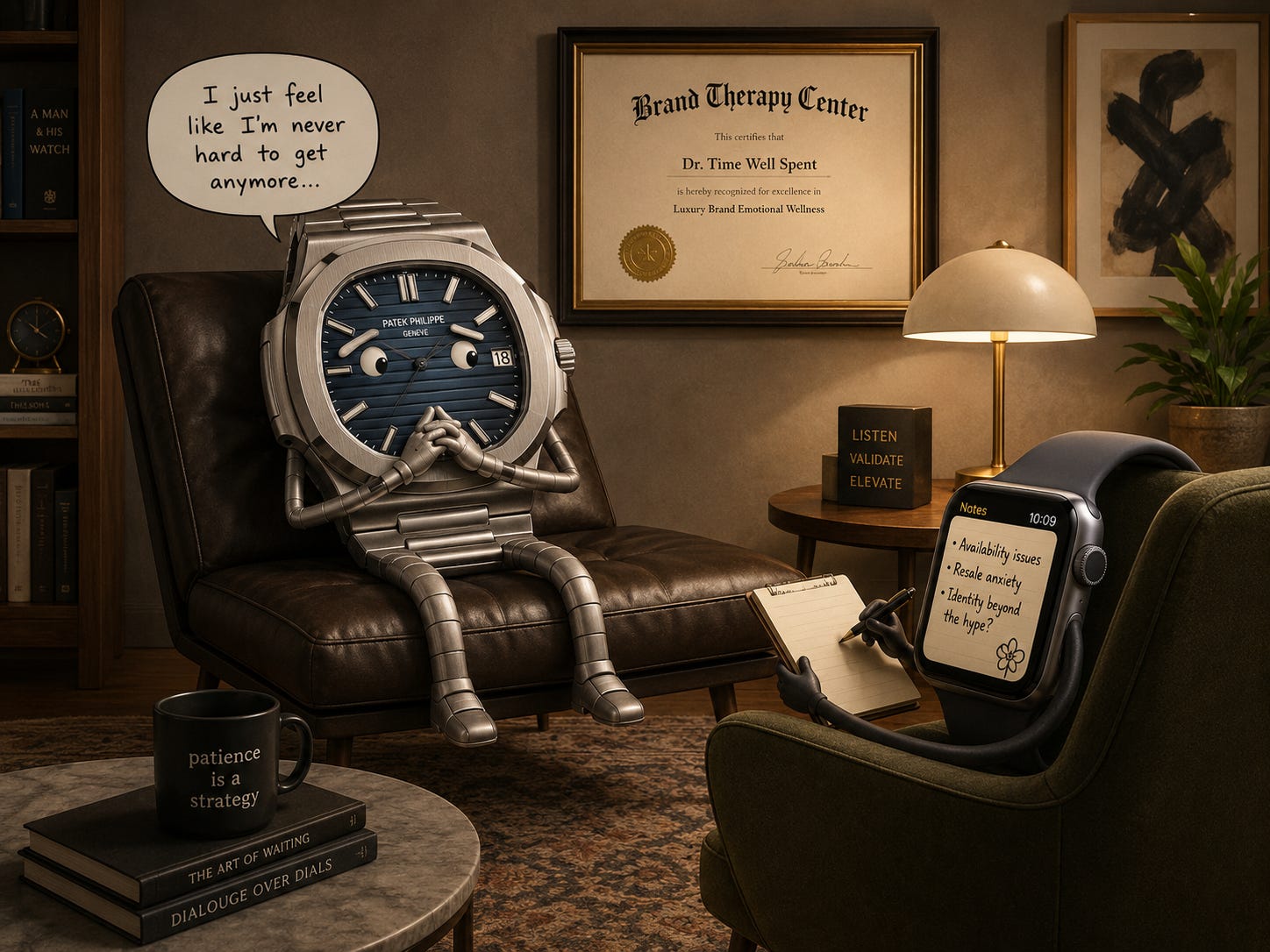 Luxury watch in therapy with an Apple Watch taking notes.