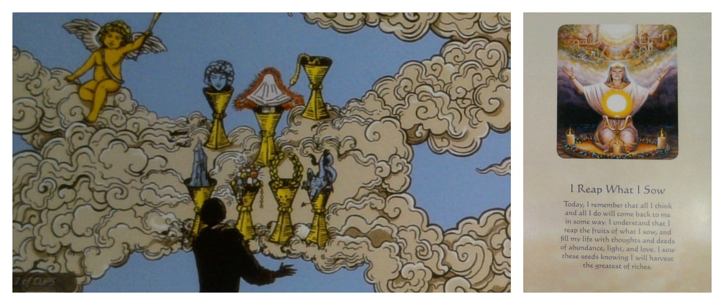The 7 of Cups tarot card and the I Reap What I Sow oracle card.