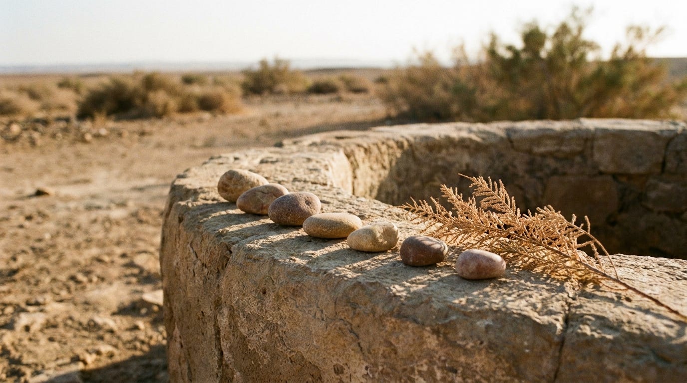 Seven small smooth stones laid in a row on the worn stone rim of an ancient desert well, a tamarisk branch beside them, no people, no faces, no text Seven small smooth stones laid in a row on the worn stone rim of an ancient desert well, a tamarisk branch beside them, no people, no faces, no text
