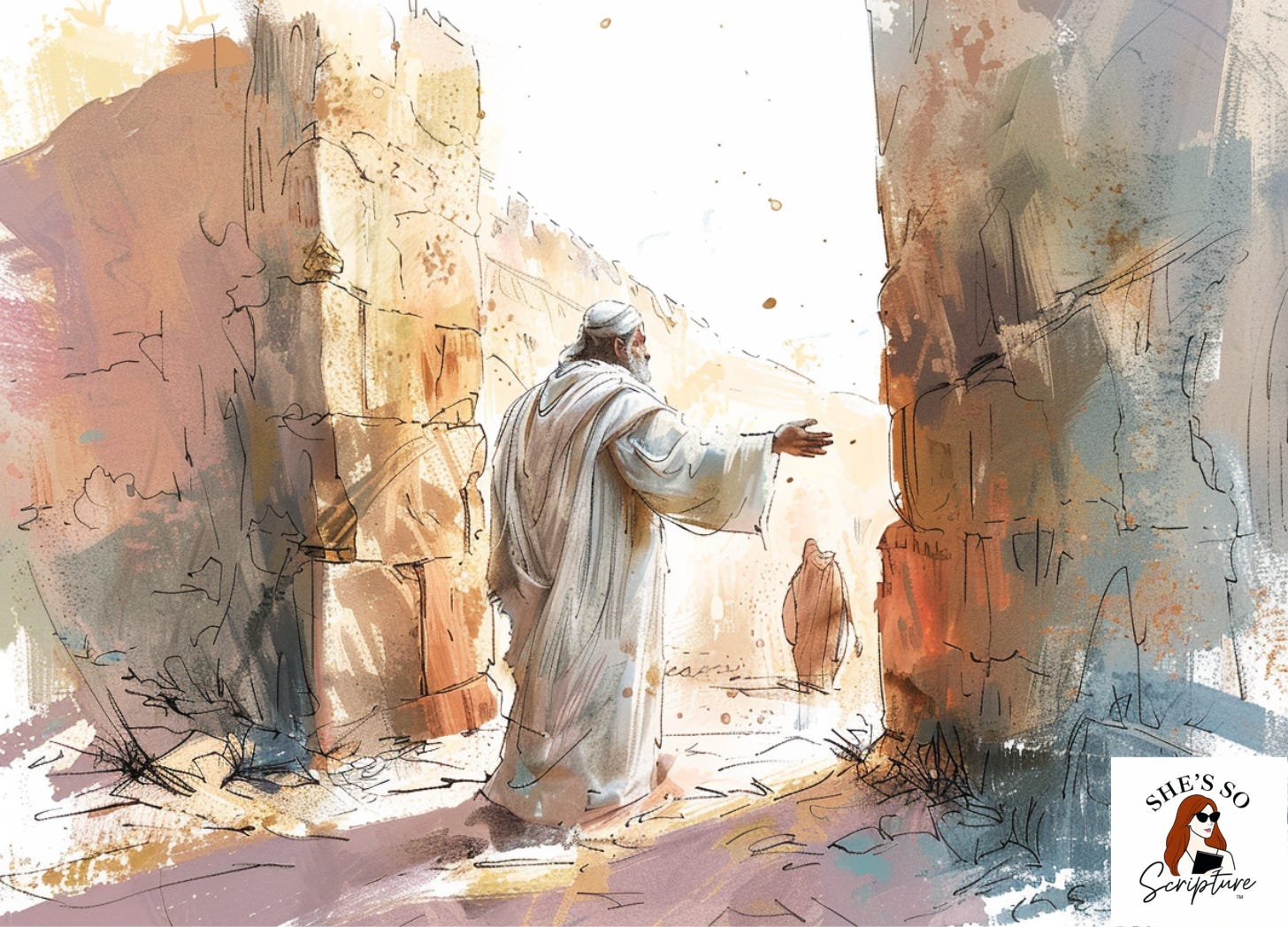 illustration of an ancient Jewish priest in white linen robes standing at the gate of a walled city, one hand extended in welcome toward a figure approaching from outside, soft blush pink and cream tones with golden light spilling through the gate and sketchy ink outlines.