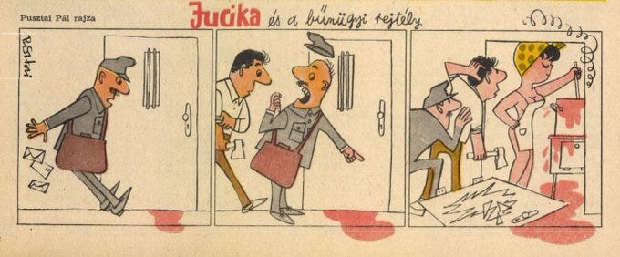 A mailman sees red liquid seeping from under Jucika’s door and urgently calls over the building superintendent, who breaks down the door with an axe. Inside, they find Jucika obliviously cooking in a chaotic kitchen, wearing only an apron and headscarf, as steam rises from a bubbling pot. A mailman sees red liquid seeping from under Jucika’s door and urgently calls over the building superintendent, who breaks down the door with an axe. Inside, they find Jucika obliviously cooking in a chaotic kitchen, wearing only an apron and headscarf, as steam rises from a bubbling pot.