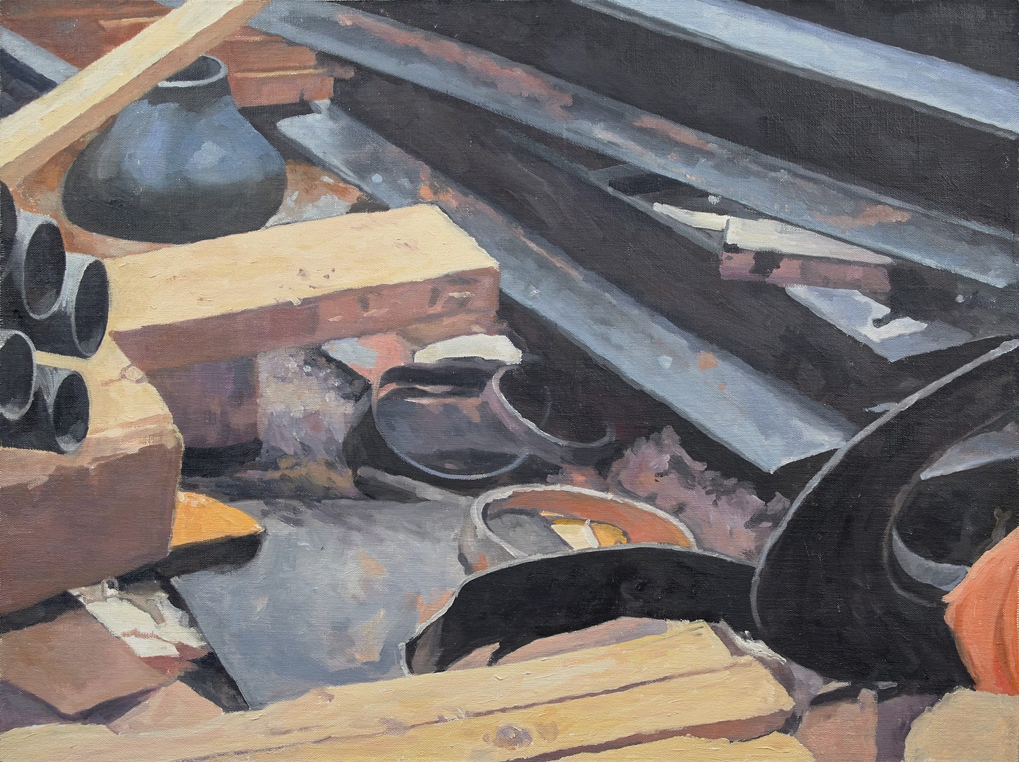 A jumble of rebar, pipes and lumber.