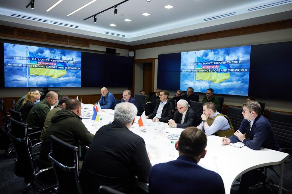 Prime ministers of the Czech Republic, Poland and Slovenia meeting the president and prime minister of Ukraine in Kyiv on March 15, 2022 (Image: Twitter/@MorawieckiM). Prime ministers of the Czech Republic, Poland and Slovenia meeting the president and prime minister of Ukraine in Kyiv on March 15, 2022 (Image: Twitter/@MorawieckiM).
