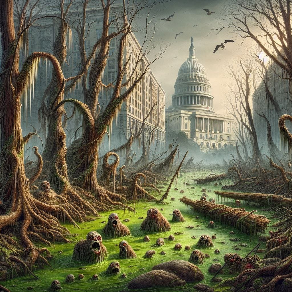 a dismal swamp in washington d.c. filled with slimy creatures photorealistic