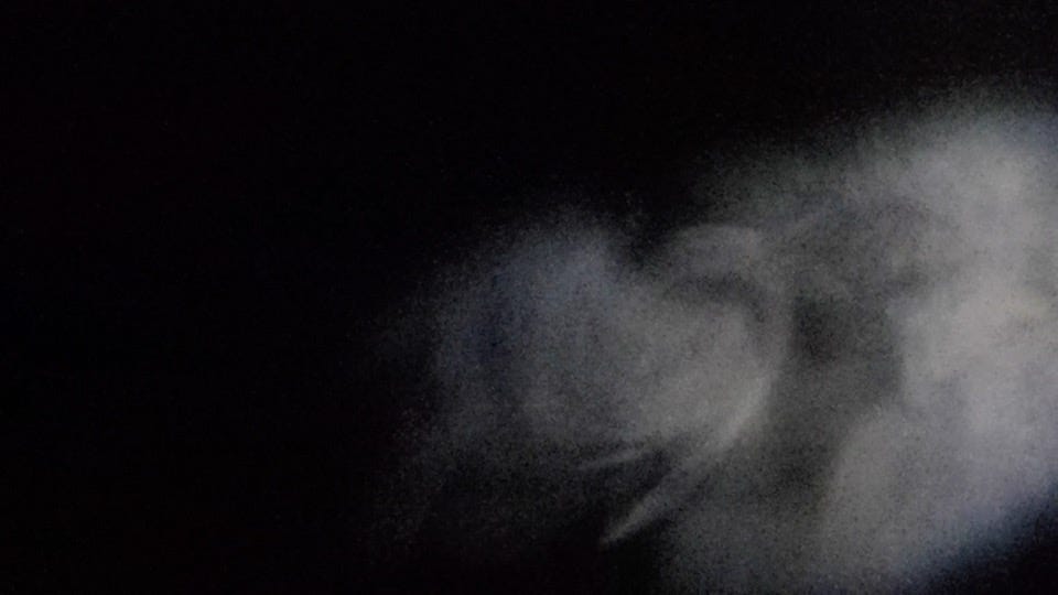 a puff of breath in cold night air