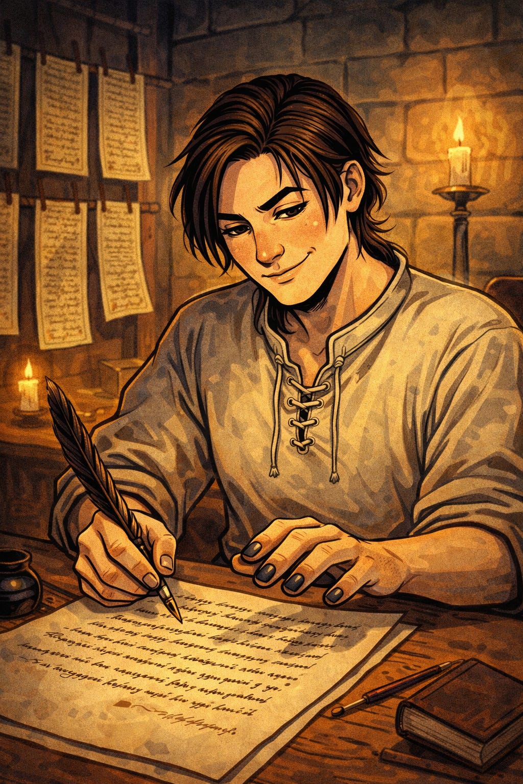 Cartoon image of a medieval scribe sitting at a desk with a quill. Cartoon image of a medieval scribe sitting at a desk with a quill.