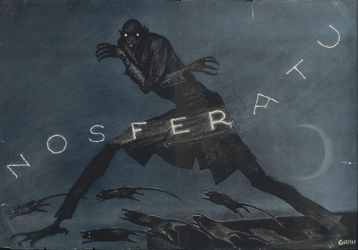 A semi-silhouetted figure strides out of a coffein. He has glowing white eyes, ratlike fangs, and clawed hands and feet. Rats leap from the coffin below him. The word "Nosferatu" blows across on the wind. A semi-silhouetted figure strides out of a coffein. He has glowing white eyes, ratlike fangs, and clawed hands and feet. Rats leap from the coffin below him. The word "Nosferatu" blows across on the wind.
