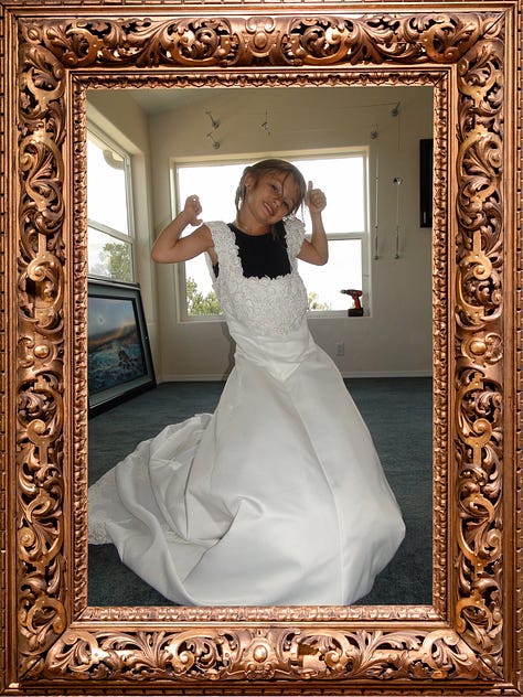 Several images of author Rosa Linda Román wearing a white wedding dress with her three kids playing underneath it like a tent.