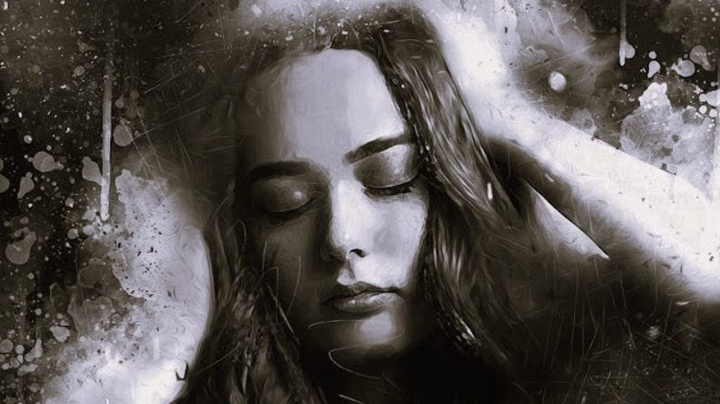 A high-contrast, black-and-white portrait of a woman with her eyes closed in a moment of deep, somber reflection against a dark, textured background.