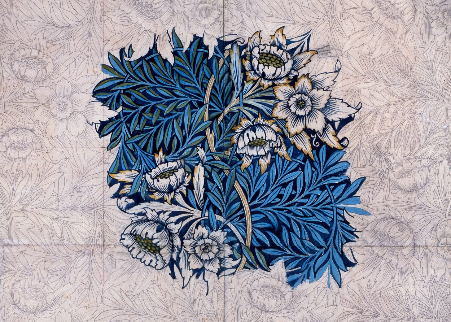 A lush sketch of blue and maroon flowers interlacing, with spiny blue leaves. The centre is coloured in and the rest is sketch out in pencil, giving the feeling that it is growing outward in colour A lush sketch of blue and maroon flowers interlacing, with spiny blue leaves. The centre is coloured in and the rest is sketch out in pencil, giving the feeling that it is growing outward in colour