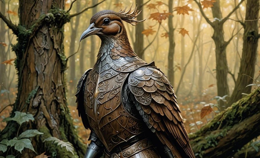 A bird in the woods wearing armour