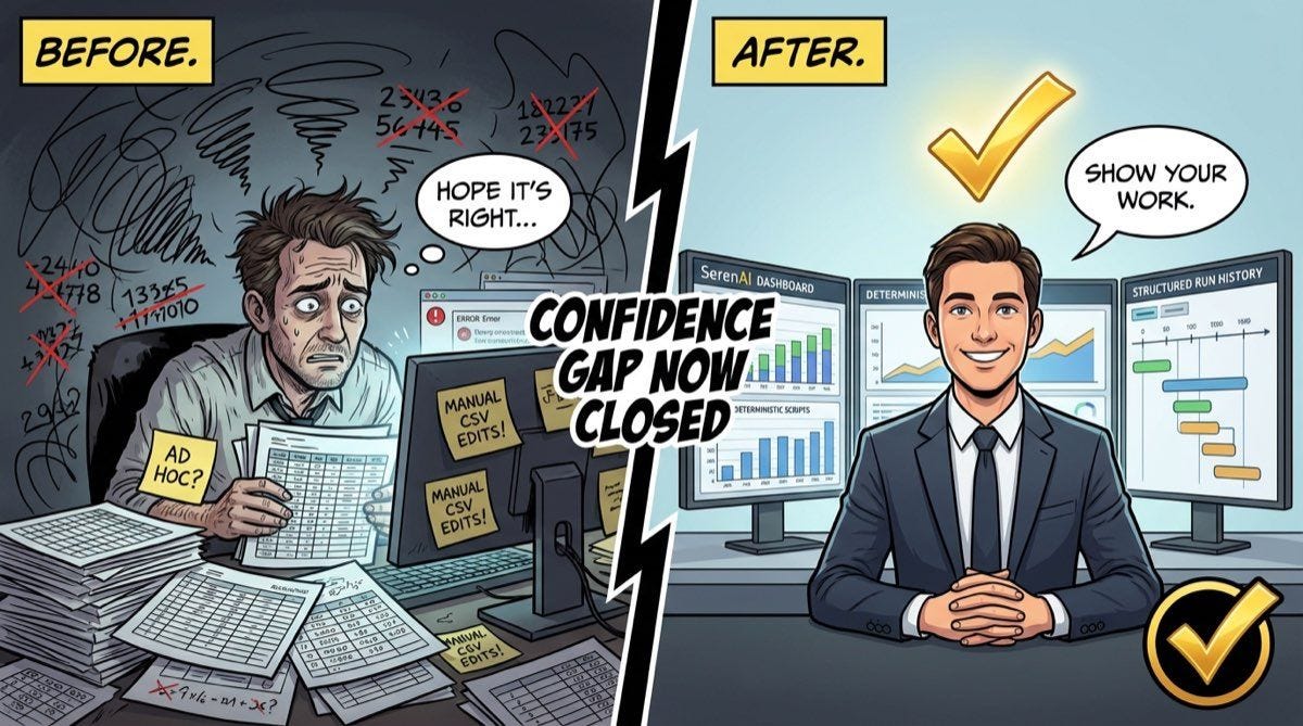 Before: Manual CSV edits, ad hoc formulas, no run history. After: SerenAI reconciliation, deterministic scripts, structured run history. Before: Manual CSV edits, ad hoc formulas, no run history. After: SerenAI reconciliation, deterministic scripts, structured run history.