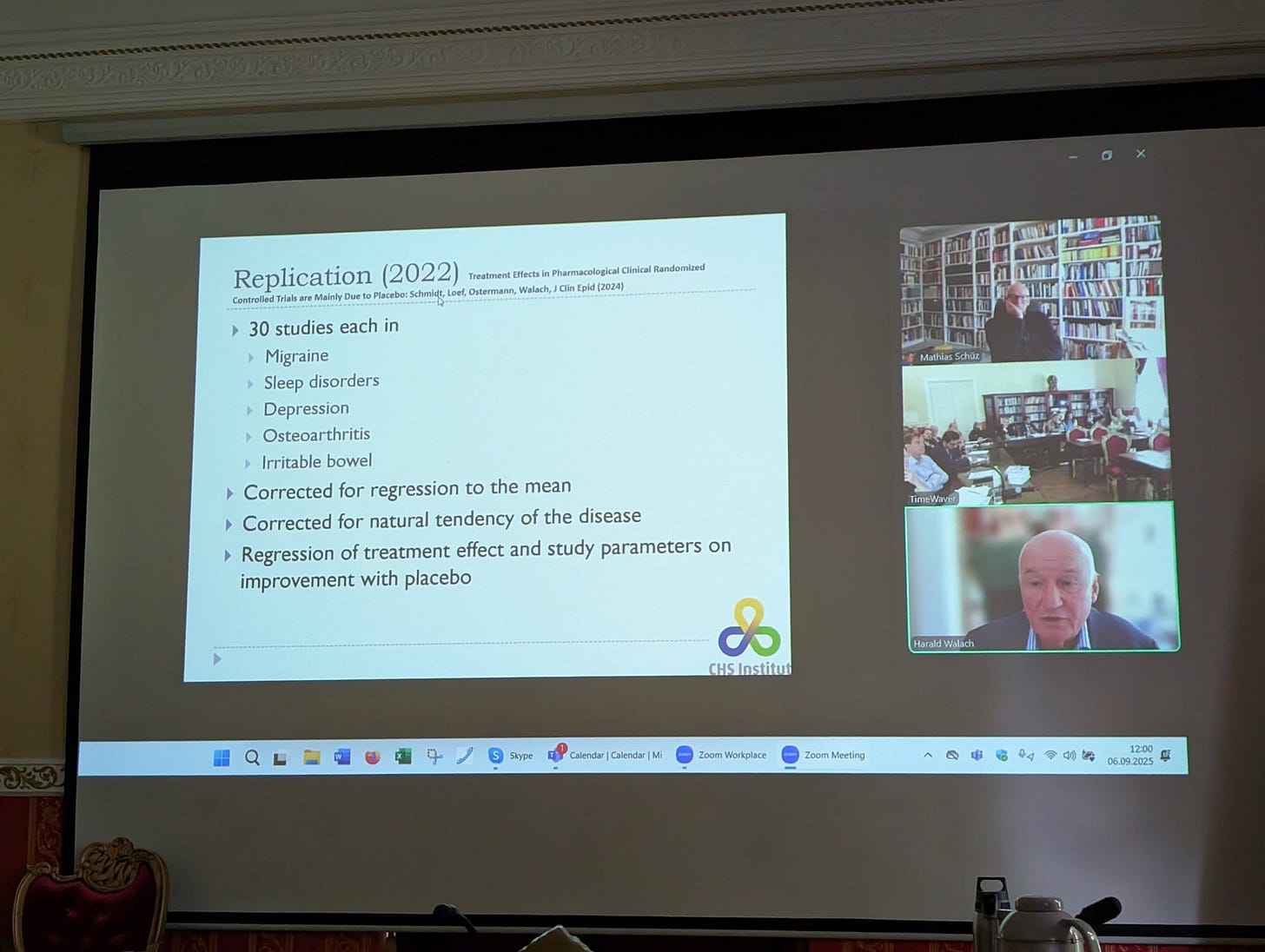 May be an image of ‎2 people, people studying and ‎text that says '‎Replication (2022) TreabrnenElectsi entruled aleeM MalnlyDve Placsbes اوفین (L1 Ostermnana 30 studies each in Migraine Sleep disorders Depression Osteoarthritis Irritable bowel Corrected for regression the mean Corrected for natural tendency the disease Regression of treatment effect and study parameters on improvement with placebo CHSInstitun Hatahi HataldWilach o Sihype Calender Calondar Zoor Nortplacr Z0om Meiing ^^ㅋ름윽후이마 ィ 2:00 05.01.2025‎'‎‎