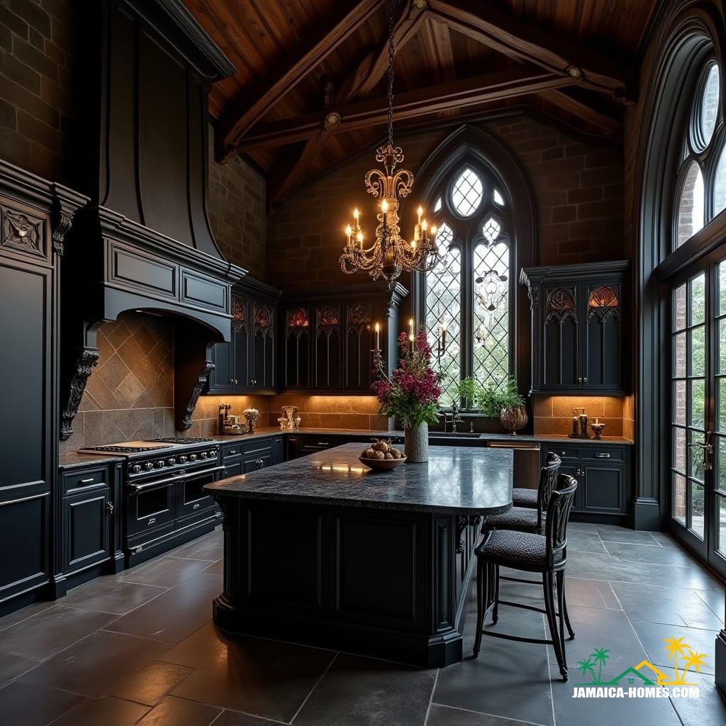 The state-of-the-art gothic kitchen is a striking blend of old-world charm and modern convenience, designed to evoke a sense of grandeur and mystery. The kitchen's high vaulted ceilings and exposed dark wood beams set a dramatic tone, while ornate chandeliers provide warm, atmospheric lighting. Dark stone or textured tile walls complement sleek, high-tech appliances, which are hidden within gothic-style cabinetry, crafted from rich black or mahogany wood with intricate detailing. At the heart of the kitchen is a grand island with a polished black marble countertop, surrounded by wrought iron barstools, creating a perfect space for both cooking and entertaining. Gothic arched windows or mirrors with stained glass accents add to the room's timeless elegance, while candelabras and carved motifs enhance the overall atmosphere. Modern kitchen features like smart refrigerators, induction cooktops, and built-in ovens offer cutting-edge functionality, making this kitchen a perfect blend of gothic allure and high-end, contemporary living.