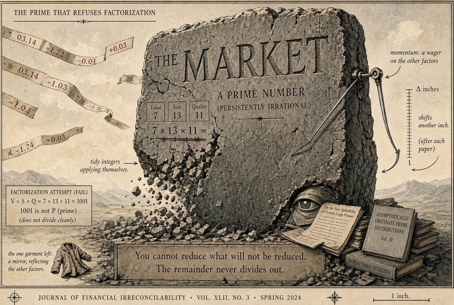 A stone market monument resists a factorization attempt using 7, 13, and 11; a gauge labels momentum as a wager on the other factors.