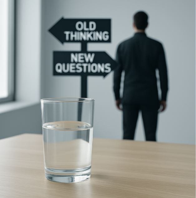 A modern photo of a half-filled glass of water on a light wooden table. In the background, a man stands at a symbolic crossroads with two directional signs labeled “OLD THINKING” and “NEW QUESTIONS,” blurred for effect.