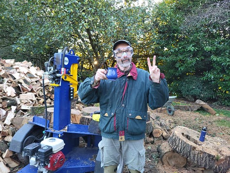 7 images. 1: ash trees lush with growth. 2: huge woodpile of wood rings. 3: Joe, wearing safety glasses, standing beside the wood splitter. 4: a lot done, a lot more to do 5: same space cleared of most logs except for huge wood rings which have been split by a chain saw. 5: 'The Igloo'. 6: homely woodburning stove, with with warm fire burning.